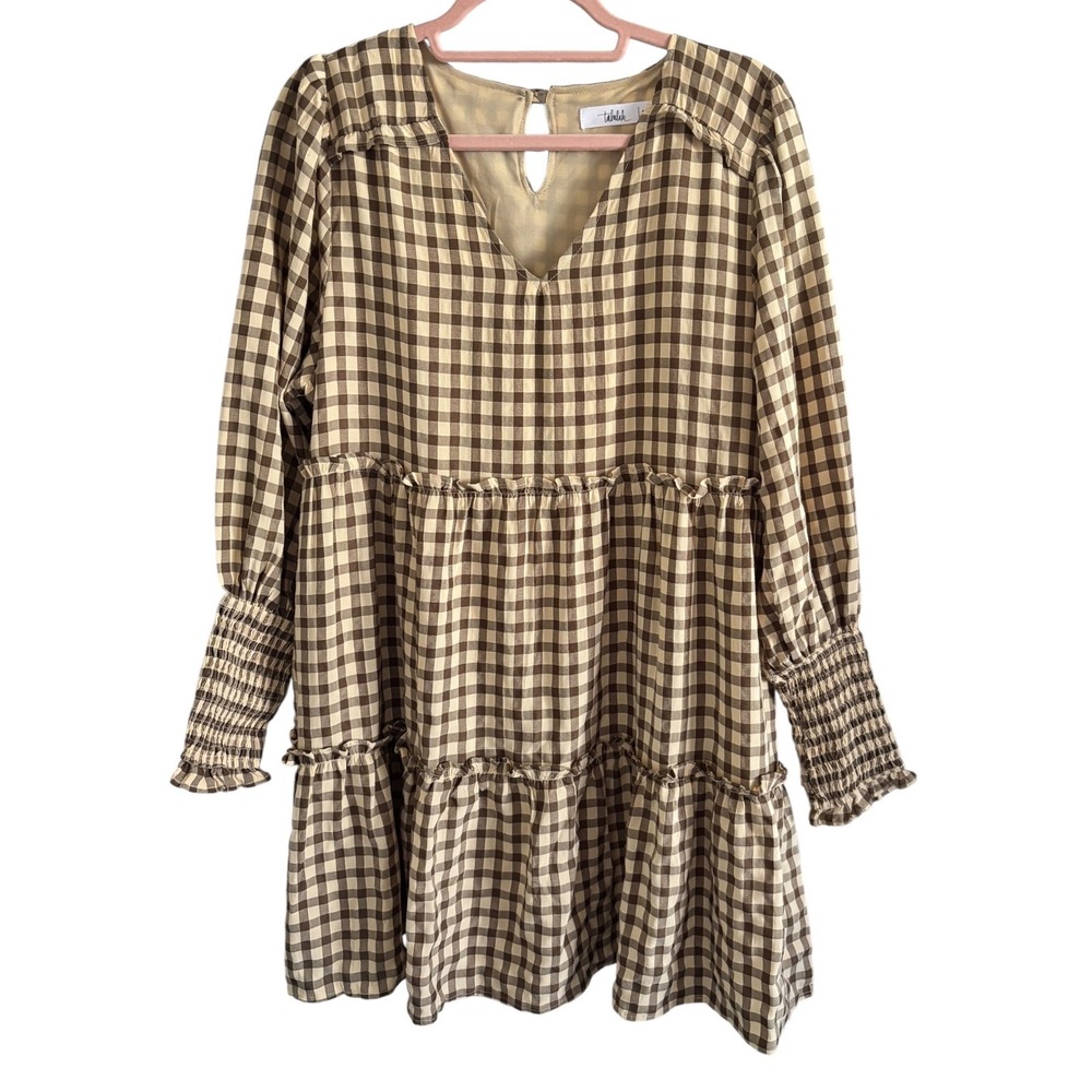 Talulah Brown Gingham‎ Tiered Mini Dress Smocked Sleeve Womens S